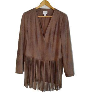 Chicos Jacket Women Size 0/S/4 Brown Faux Suede Fringe Boho Western Festival